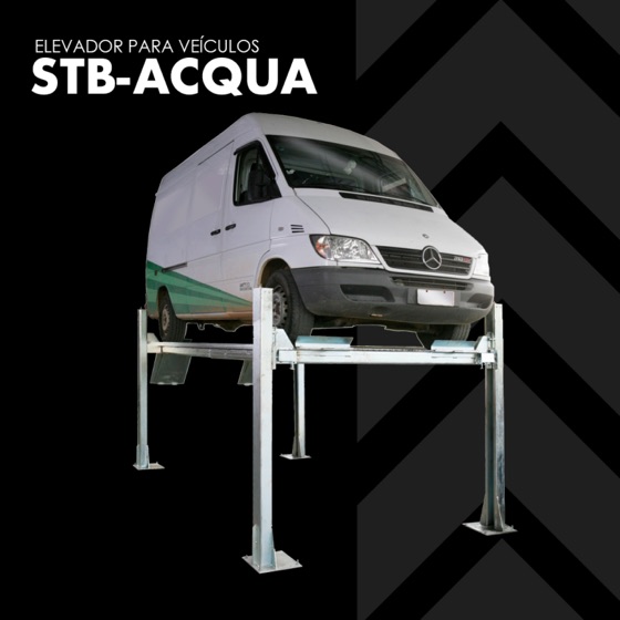 Elevador de 4 colunas STB-Acqua galvanizado com uma van Mercedes Sprinter suspensa