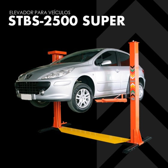 Elevador de 2 colunas STBS-2500 Super laranja com um Peugeot 307 suspenso